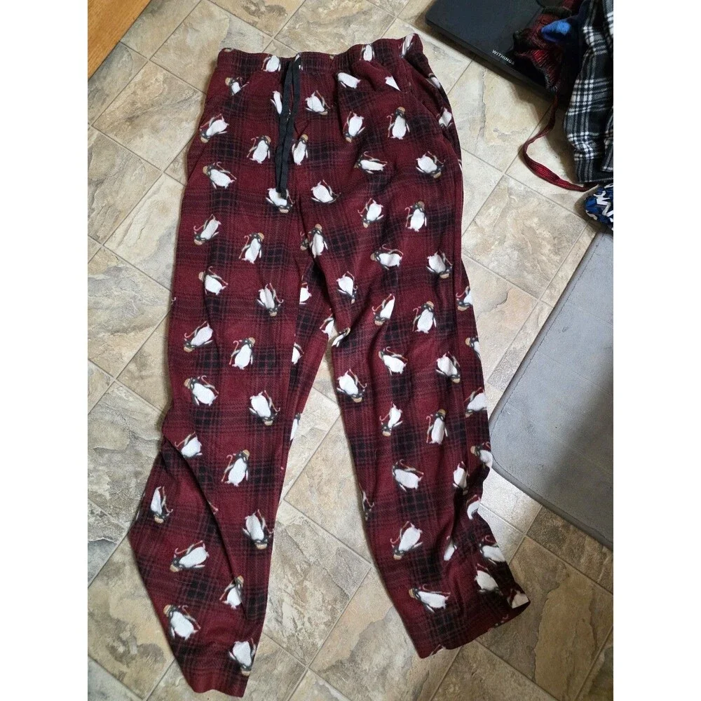 Stafford Mens (M) Fleece Sleep Pants Flannel Lounge Pajamas Penguins Plaid
